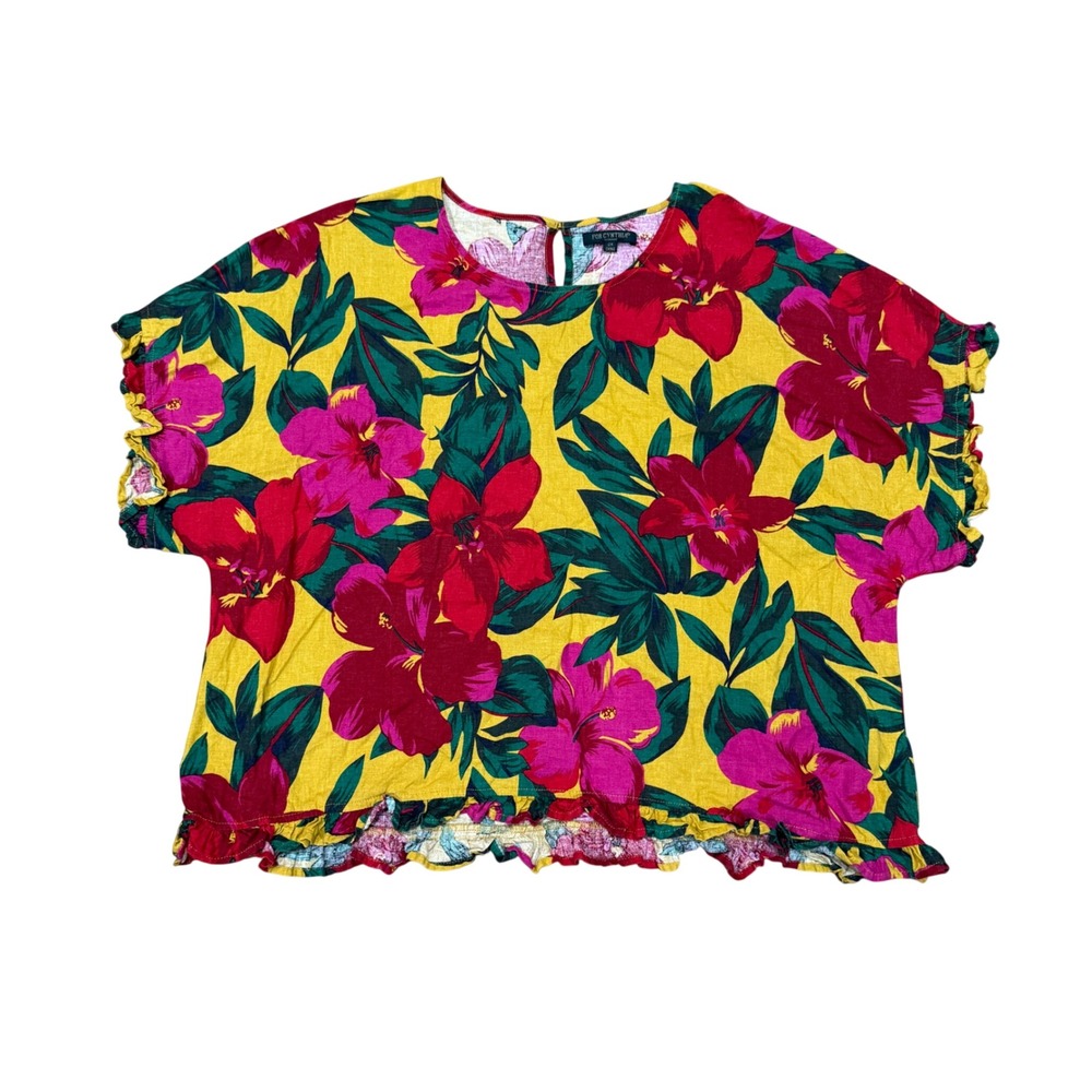 For Cynthia Woman Yellow Tropical Hibiscus Floral Linen Blend Ruffle Top 2X